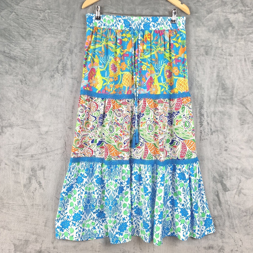 Womens Skirt Medium Boho Tiered Floral Tropical Resort Beach Coastal Maxi Fairy